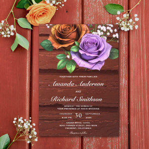 Invitation Mariage Rose orange brûlé en bois rustique