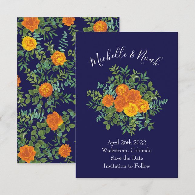 Invitation Mariage Rose Orange & Navy Blue Peony Date de sauv (Devant / Derrière)