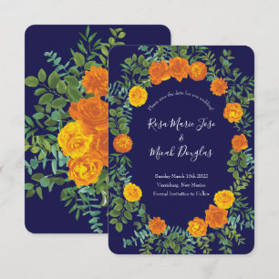 Invitation Mariage Rose Orange & Navy Blue Peony Date de sauv