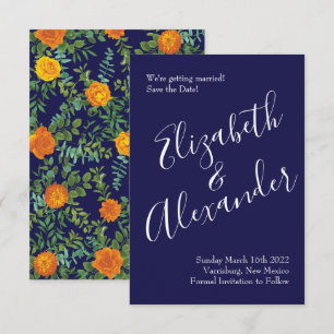 Invitation Mariage Rose Orange & Navy Blue Peony Date de sauv
