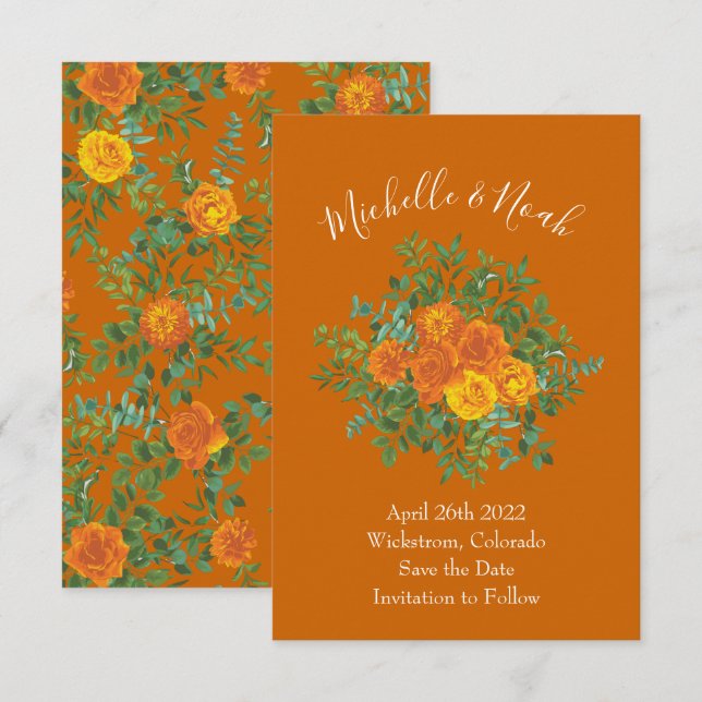 Invitation Mariage Rose Orange & Rust Fall Peony Date de sauv (Devant / Derrière)