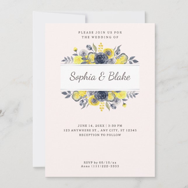 Invitation Mariage rose pâle à cadre fleuri jaune et bleu (Devant)