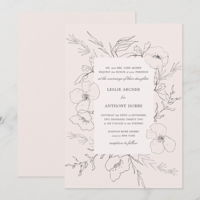 Invitation Mariage rose pâle à la main (Devant / Derrière)