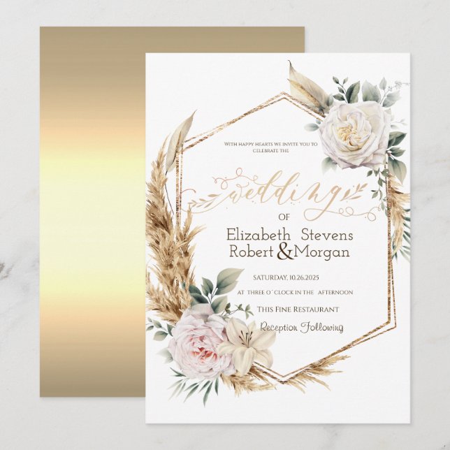 Invitation Mariage rose Pampas Grass Gold Frame (Devant / Derrière)