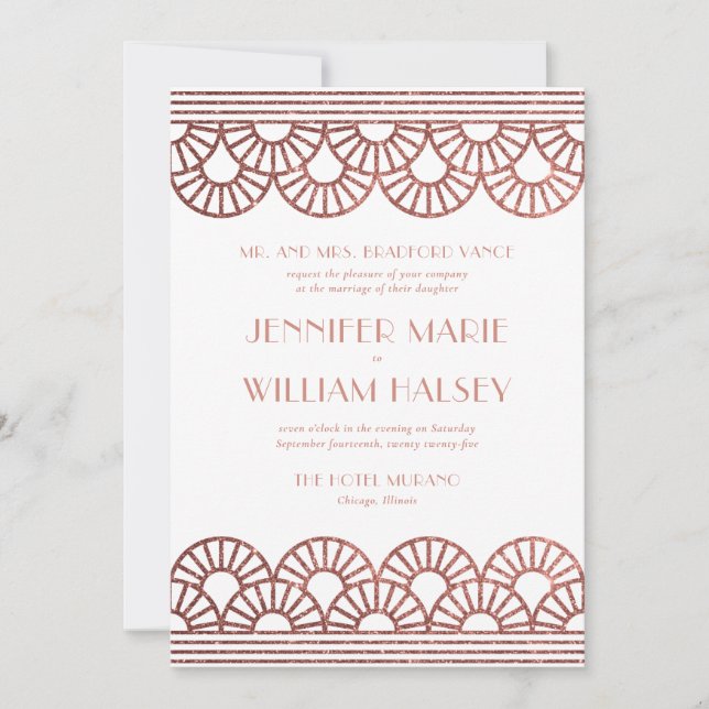 Invitation Mariage rose Parties scintillant or Art déco (Devant)