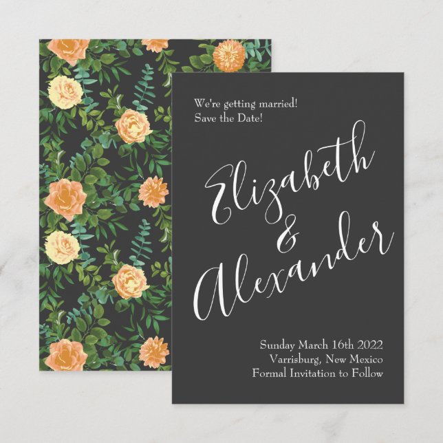 Invitation Mariage Rose Peach Charcoal Grey Peony Date de sau (Devant / Derrière)