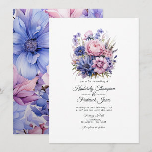 Invitation Mariage Rose Pétale, Bleu Barbeau & Violet Mauve