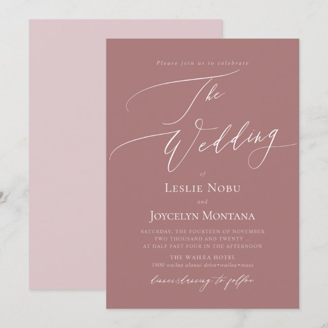 Invitation Mariage Rose Poussiéreux Calligraphie Luxe PixDezi (Devant / Derrière)