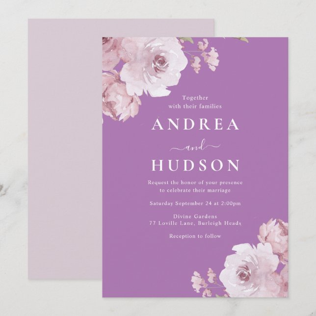 Invitation Mariage Rose Purple & Mauve Dusty (Devant / Derrière)