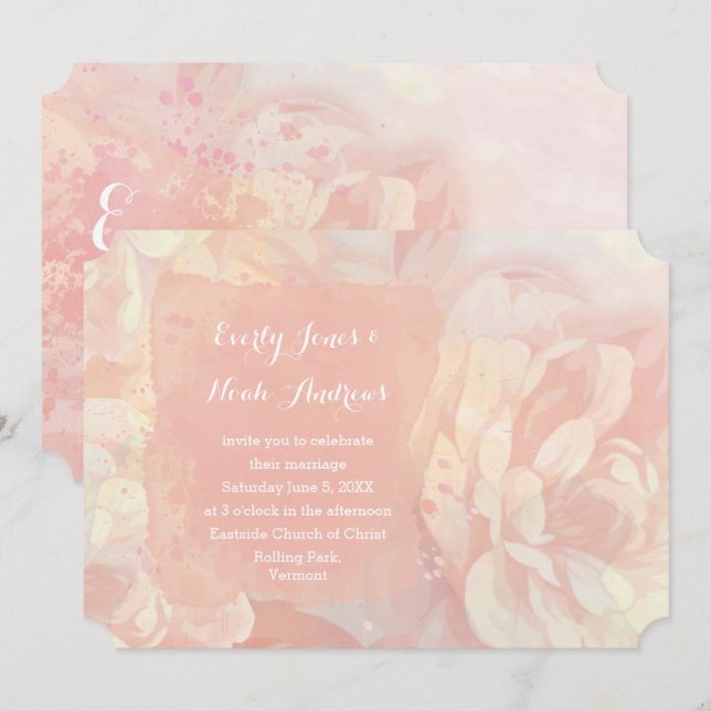 Invitation Mariage rose quartz et corail aquarelle (Devant / Derrière)
