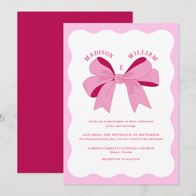 Invitation Mariage rose rétro Wavy (Devant / Derrière)