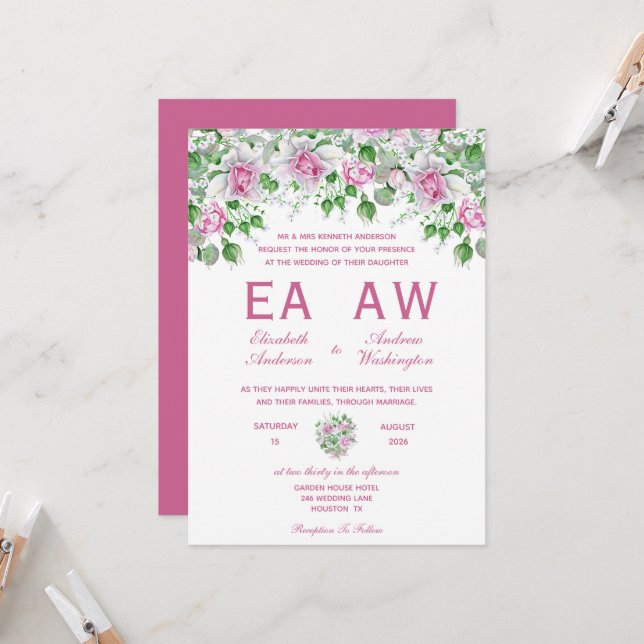 Invitation Mariage Rose romantique rose (Devant/Arrière en situation)