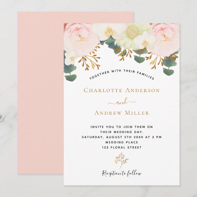 Invitation Mariage rose rose blanc floral or vert (Devant / Derrière)