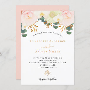 Invitation Mariage rose rose blanc floral or vert