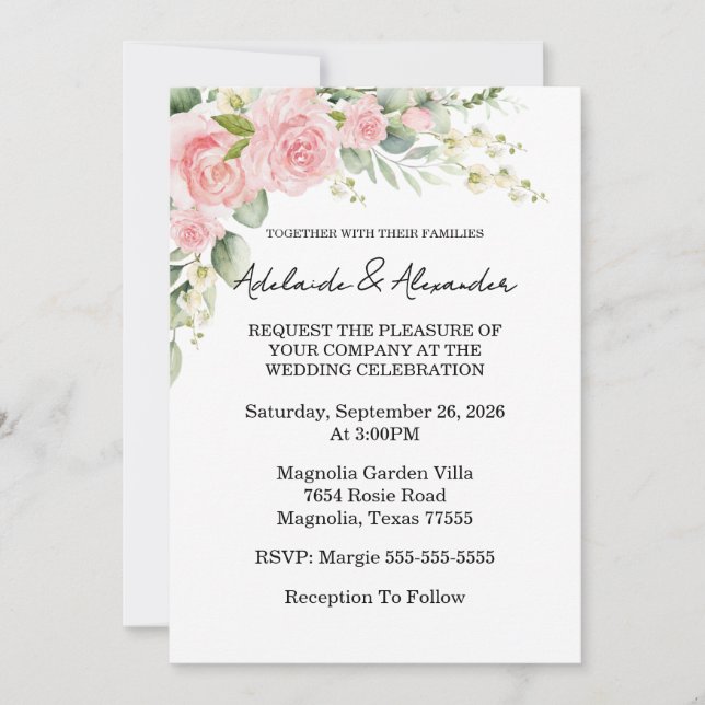 Invitation Mariage rose Rose de jardin (Devant)