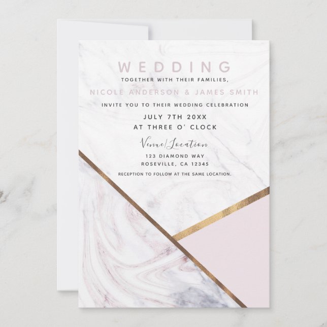Invitation Mariage rose rose en marbre doré (Devant)