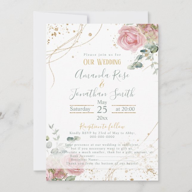 Invitation Mariage rose roses sade vert et or parties scintil (Devant)