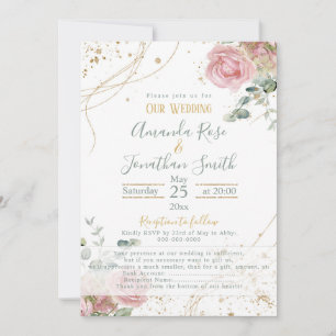 Invitation Mariage rose roses sade vert et or parties scintil