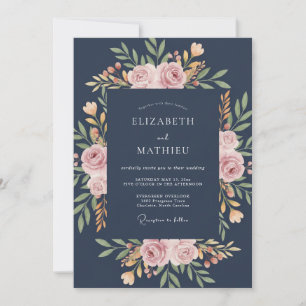 Invitation Mariage Rose Statuaire Bleu Marine