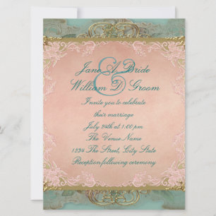 Invitation Mariage rose Turquoise bleu et or Vintage