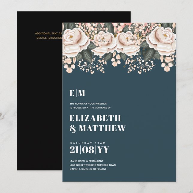 Invitation Mariage rose Turquoise foncé (Devant / Derrière)