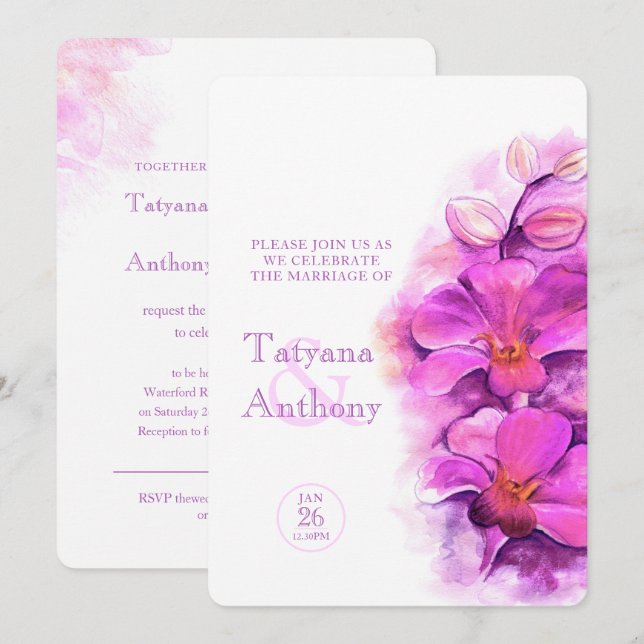 Invitation Mariage rose violet stylisé orchidée (Devant / Derrière)