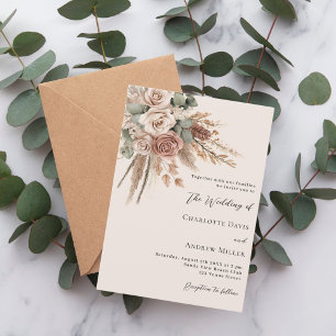 Invitation Mariage roses beige taupe herbe de pampa