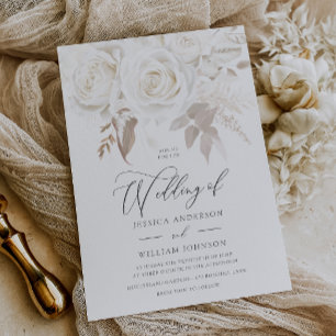 Invitation Mariage Roses Blanches Ivoire Vintage Designer