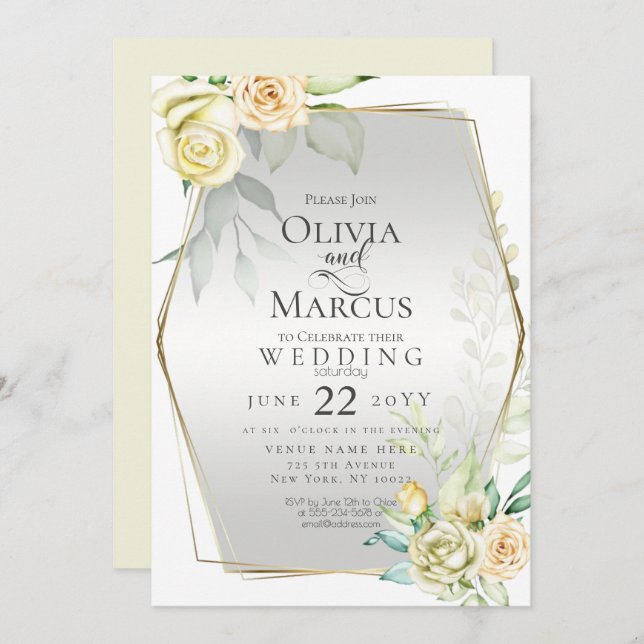 Invitation Mariage | Roses d'aquarelle jaune ivoire (Devant / Derrière)