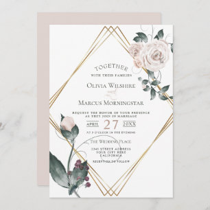 Invitation Mariage   Roses d'aquarelle rose pâle à cadre or