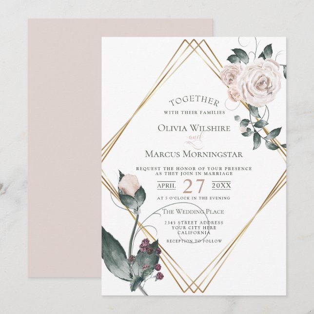 Invitation Mariage | Roses d'aquarelle rose pâle à cadre or (Devant / Derrière)