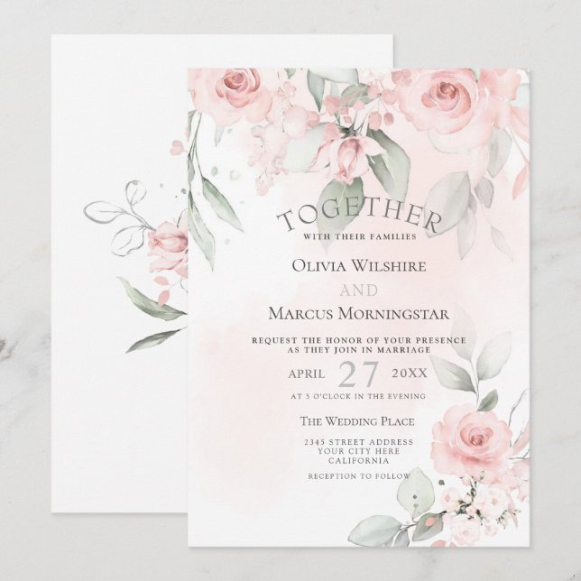 Invitation Mariage | Roses Florales Aquarelle Rose Pâle (Devant / Derrière)