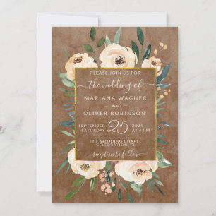 Invitation Mariage Roses Fuschées Beige Brun Or