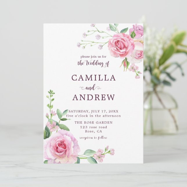 Invitation Mariage Roses rose pâle (Debout devant)