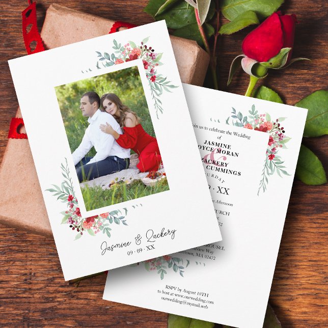 Invitation Mariage Rouge coloré Fleurs Branches Photo (Créateur téléchargé)