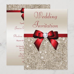Invitation Mariage rouge d'arc de paillettes de Champagne de