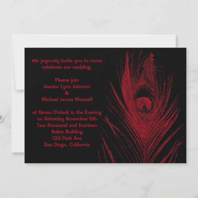 Invitation Mariage rouge et noir de paon (Devant)