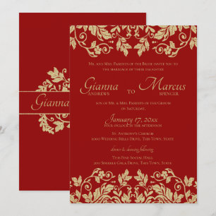 Invitation Mariage rouge et or Damask Emblem