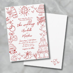 Invitation Mariage Rouge Fantaisiste et Original Dessiné à la