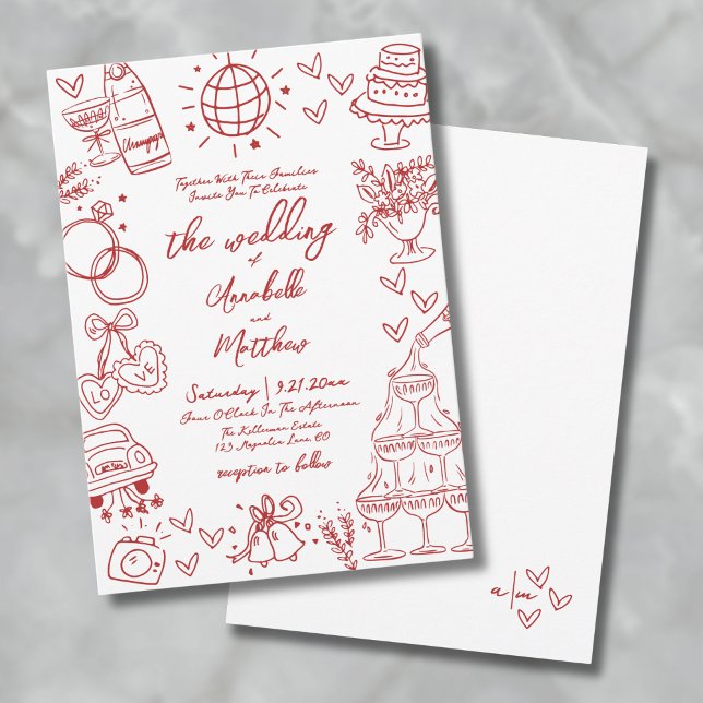 Invitation Mariage Rouge Fantaisiste et Original Dessiné à la (Hand Drawn Quirky Red Whimsical Wedding Invitation)