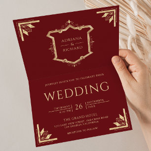 Invitation Mariage Rouge Marron Code QR Couronne Dorée Vintag