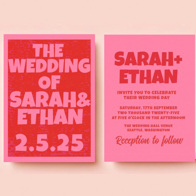 Invitation Mariage rouge rose funky rétro (Créateur téléchargé)