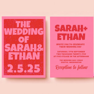 Invitation Mariage rouge rose funky rétro