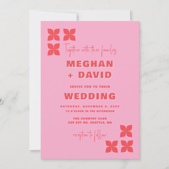 Invitation Mariage rouge rose rouge rose Super rétro les anné (Devant)