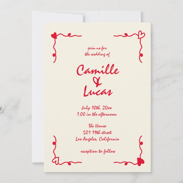 Invitation Mariage rouge Whimsical Rétro manuscrit (Devant)