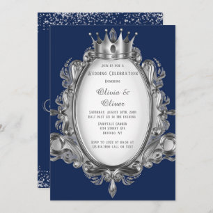 Invitation Mariage royal à cadre bleu marine et argent