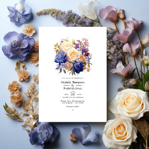 Invitation Mariage Royal Bleu, Champagne, Rose Crème et Mauve
