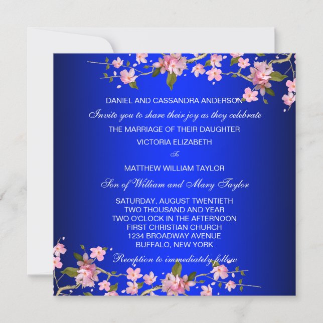 Invitation Mariage Royal Bleu Japonais Fleurs de Cerisier (Devant)