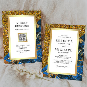 Invitation Mariage Royal Bleu Marbre Code QR Blanc