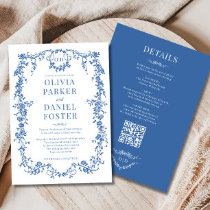 Invitation Mariage Royal Bleu Tout en Un Code QR Victorien
